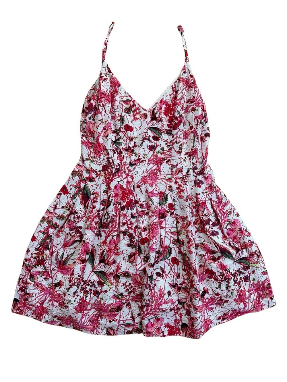 Anthropologie White and Pink Floral Pleated V Neck Mini Dress